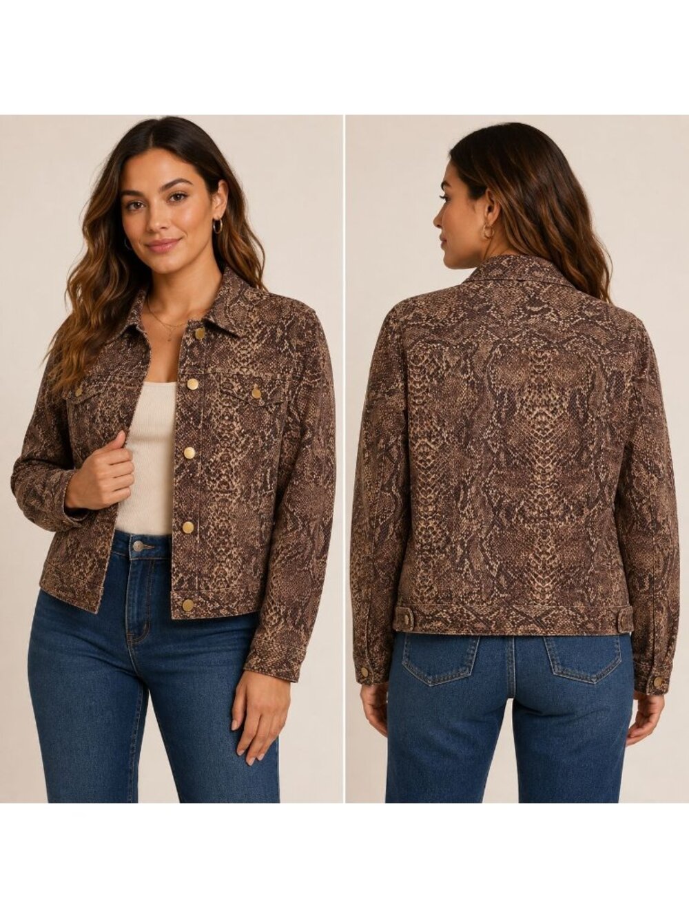Chaps Womens Snake Print Denim Jacket Medium Brown Cotton Blend
